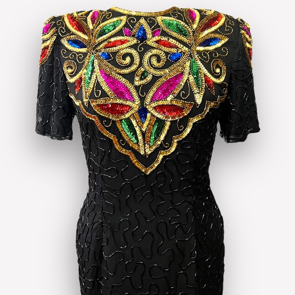 VINTAGE STENAY 1990s SILK AND SEQUIN BEADED BLACK COCKTAIL DRESS SIZE ME… - Picture 11 of 14